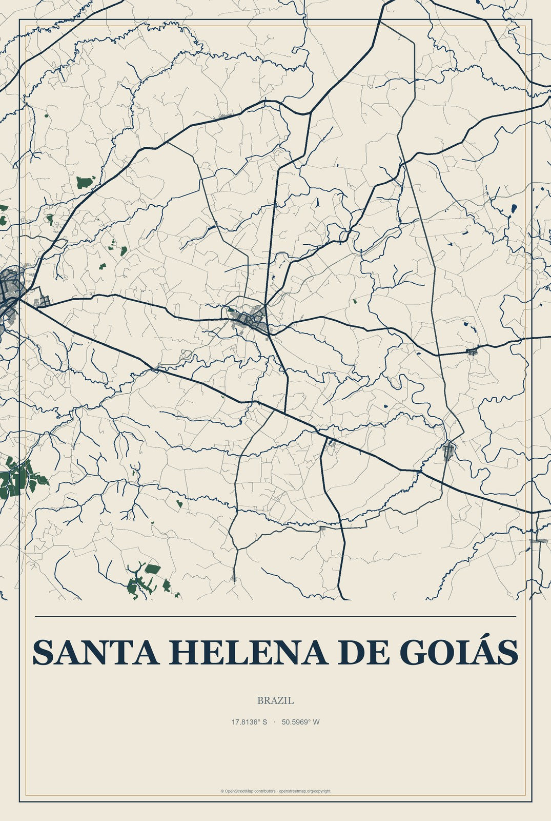 Santa Helena de Goiás, Brazil City Map Aluminum Sign in Coastal Cutout style