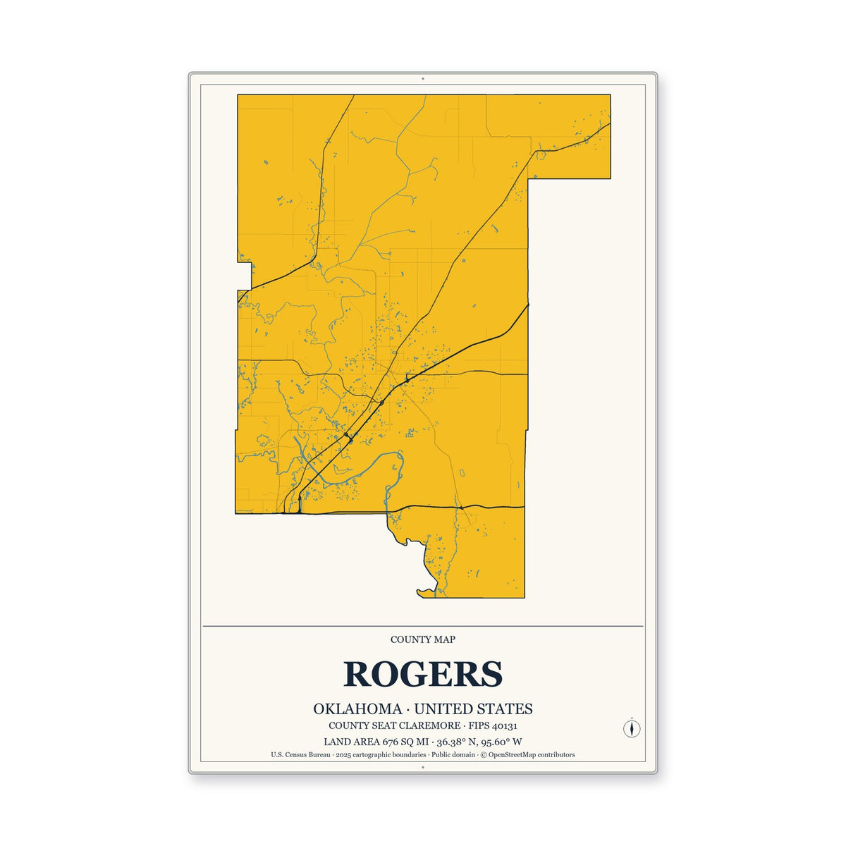 Rogers County, Oklahoma Map Aluminum Sign in Citrine Modern style
