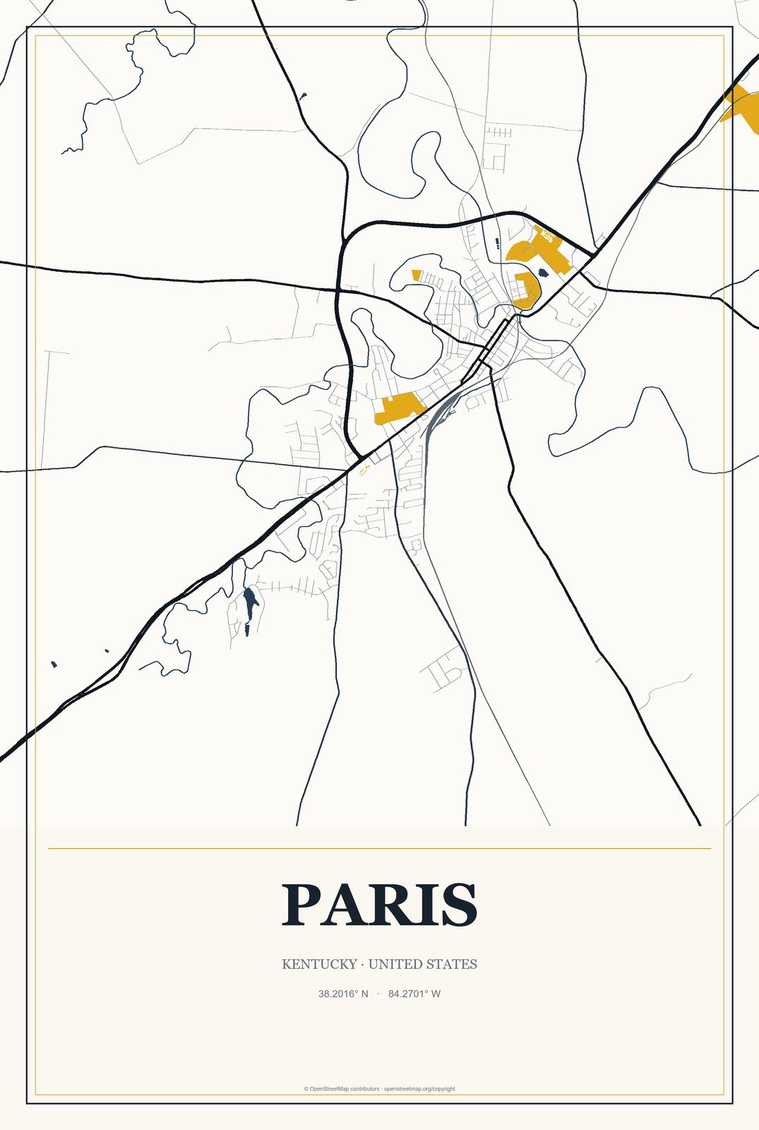 Paris, Kentucky City Map Aluminum Sign in Citrine Modern style