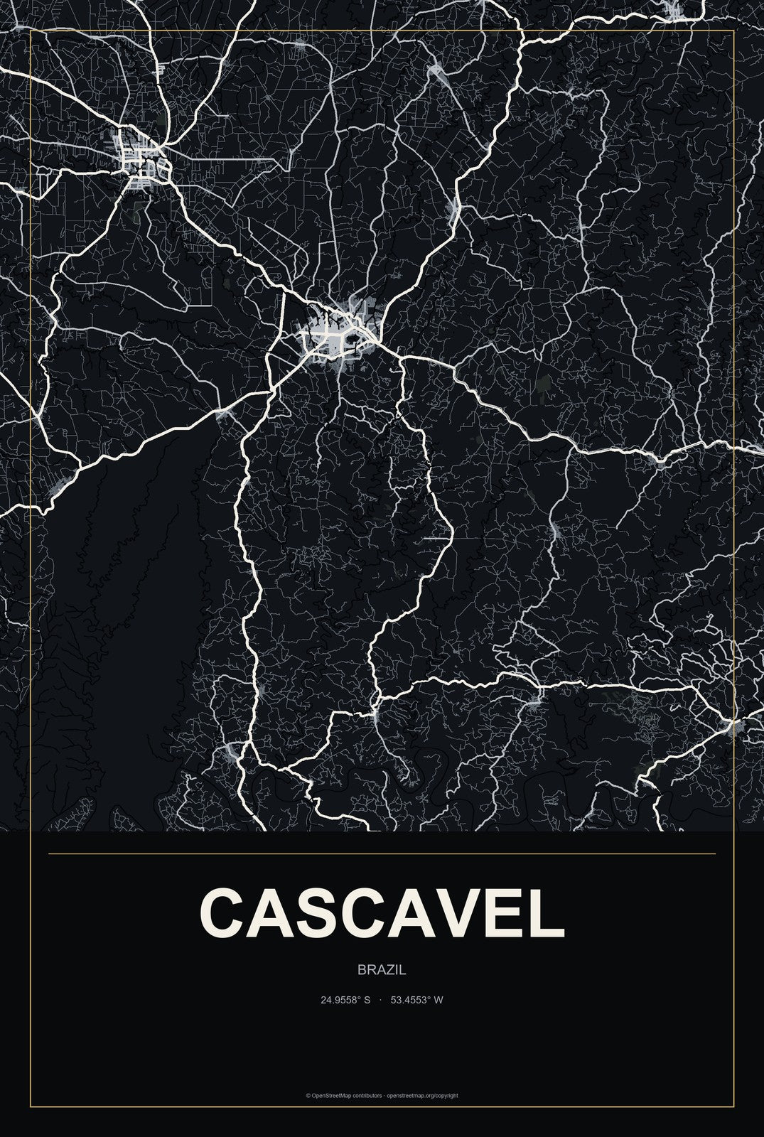 Cascavel, Ceará, Brazil City Map Aluminum Sign in Metropolitan Noir style