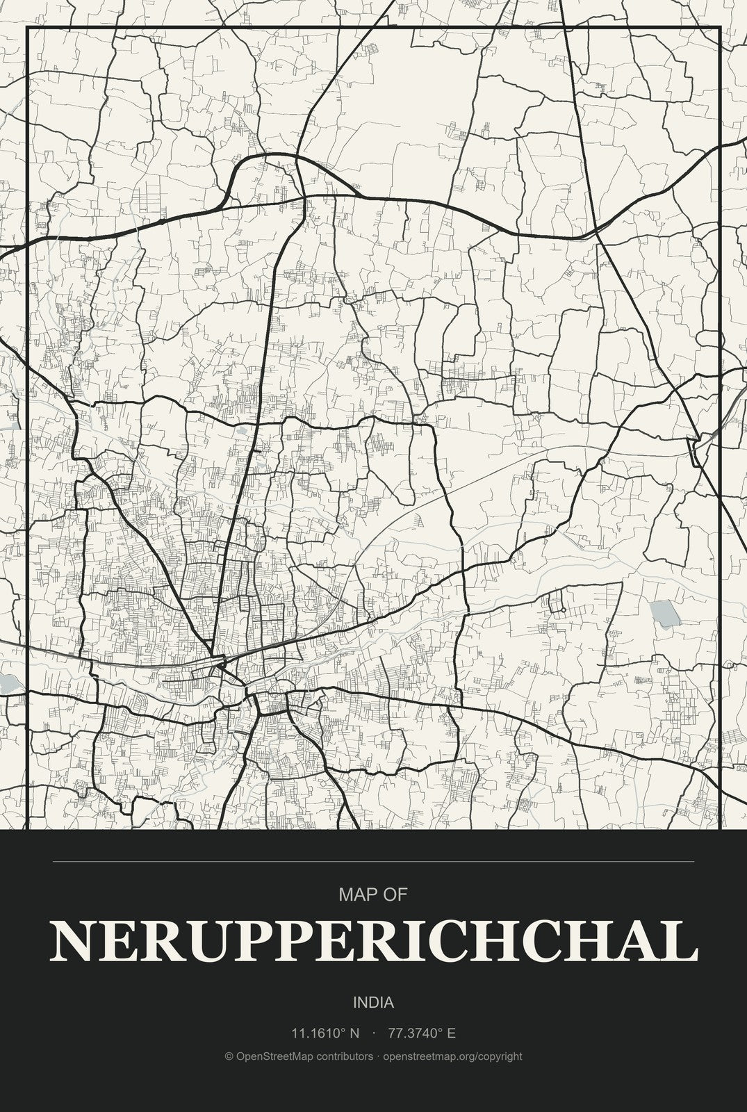 Nerupperichchal, India City Map Aluminum Sign in Museum Plaque style