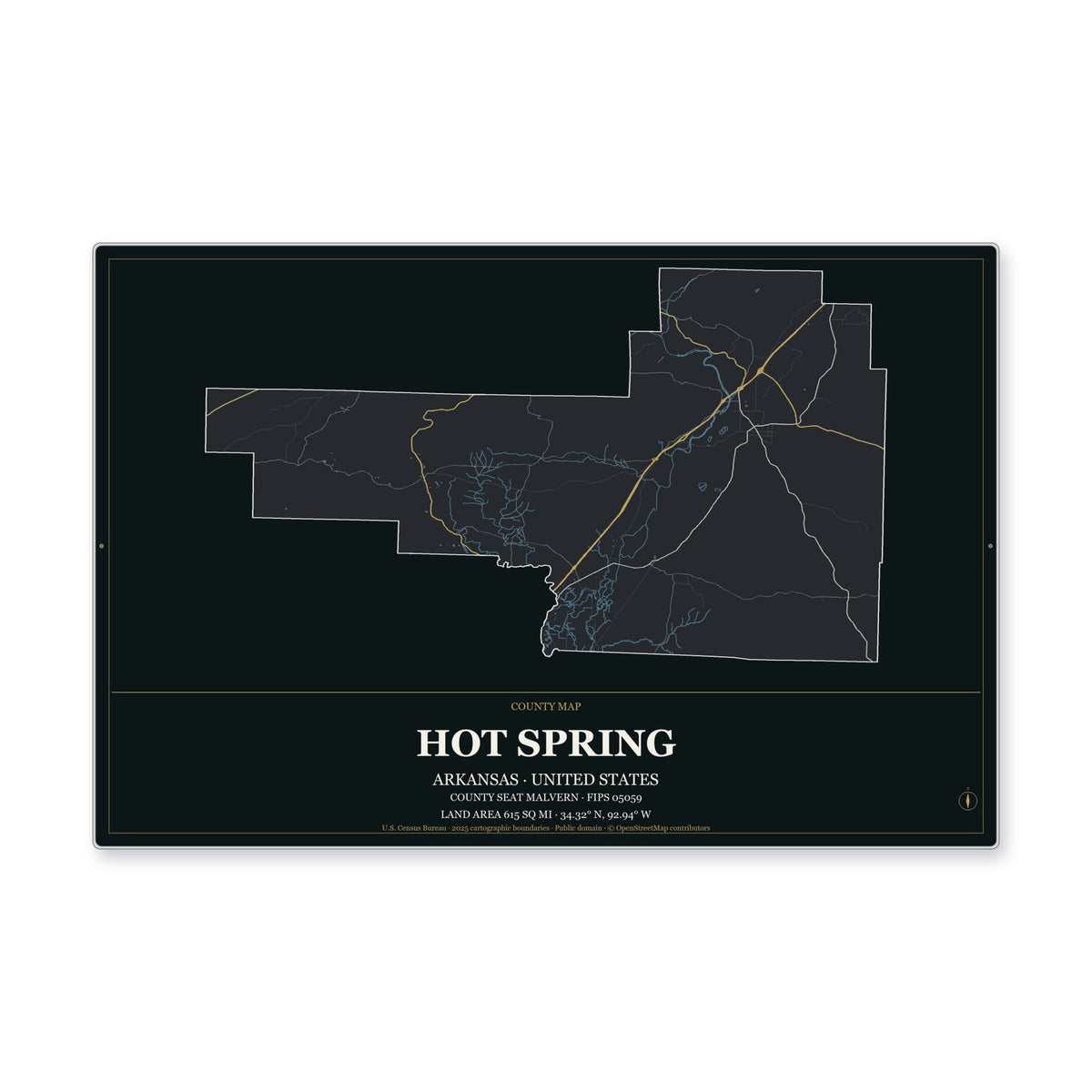 Hot Spring County, Arkansas Map Aluminum Sign in Metropolitan Noir style