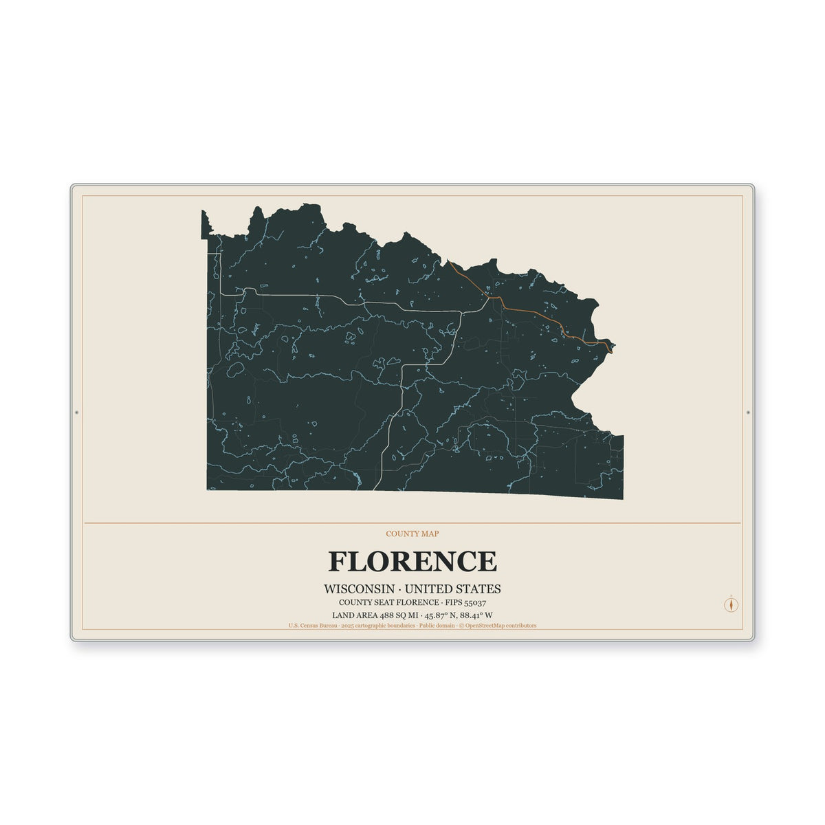 Florence County, Wisconsin Map Aluminum Sign in Headline Atlas style