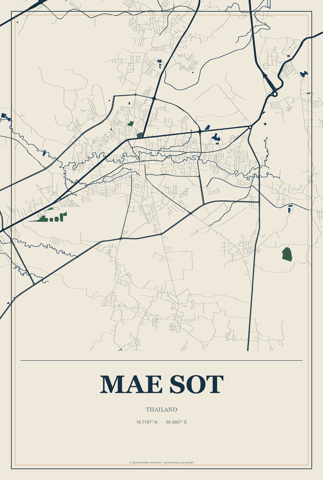 Mae Sot, Thailand City Map Aluminum Sign in Coastal Cutout style
