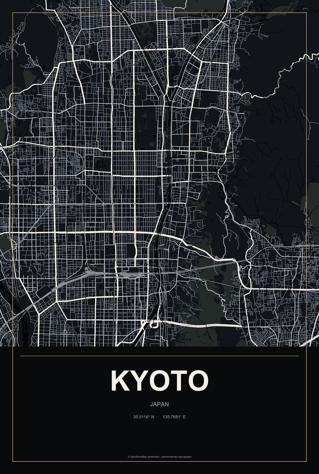 Kyoto, Japan City Map Aluminum Sign in Metropolitan Noir style