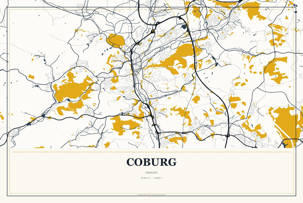 Coburg, Germany City Map Aluminum Sign in Citrine Modern style