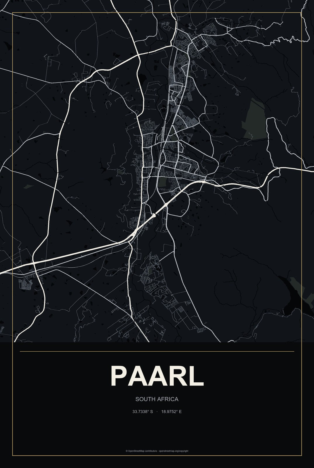 Paarl, South Africa City Map Aluminum Sign in Metropolitan Noir style