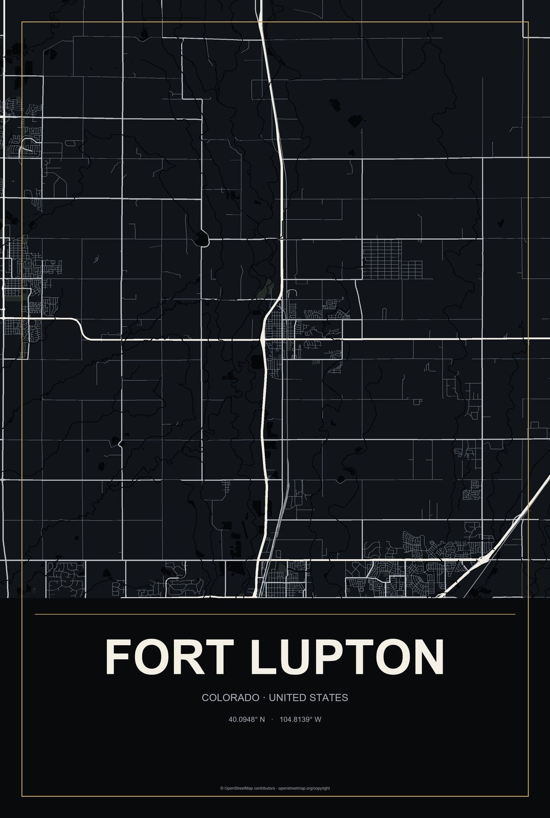 Fort Lupton, Colorado City Map Aluminum Sign in Metropolitan Noir style