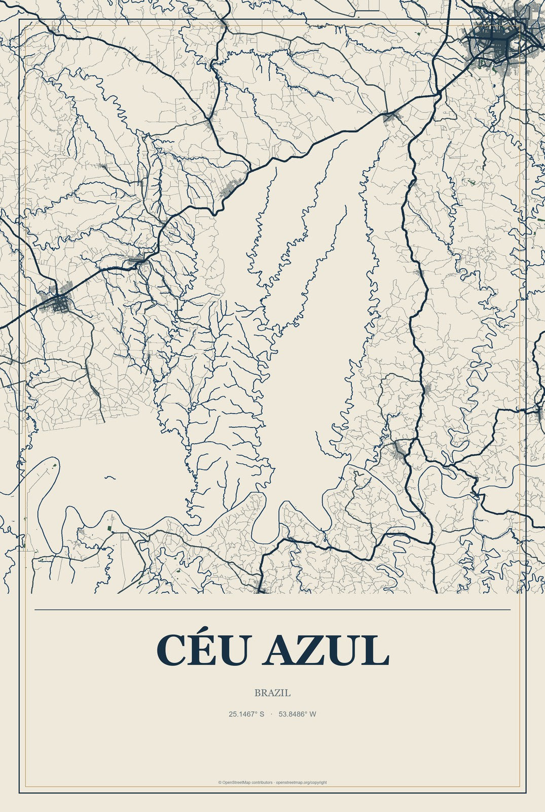 Céu Azul, Brazil City Map Aluminum Sign in Coastal Cutout style