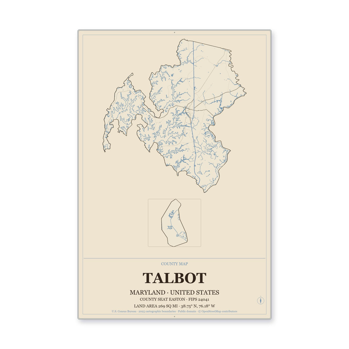 Talbot County, Maryland Map Aluminum Sign in Heritage Nautical style