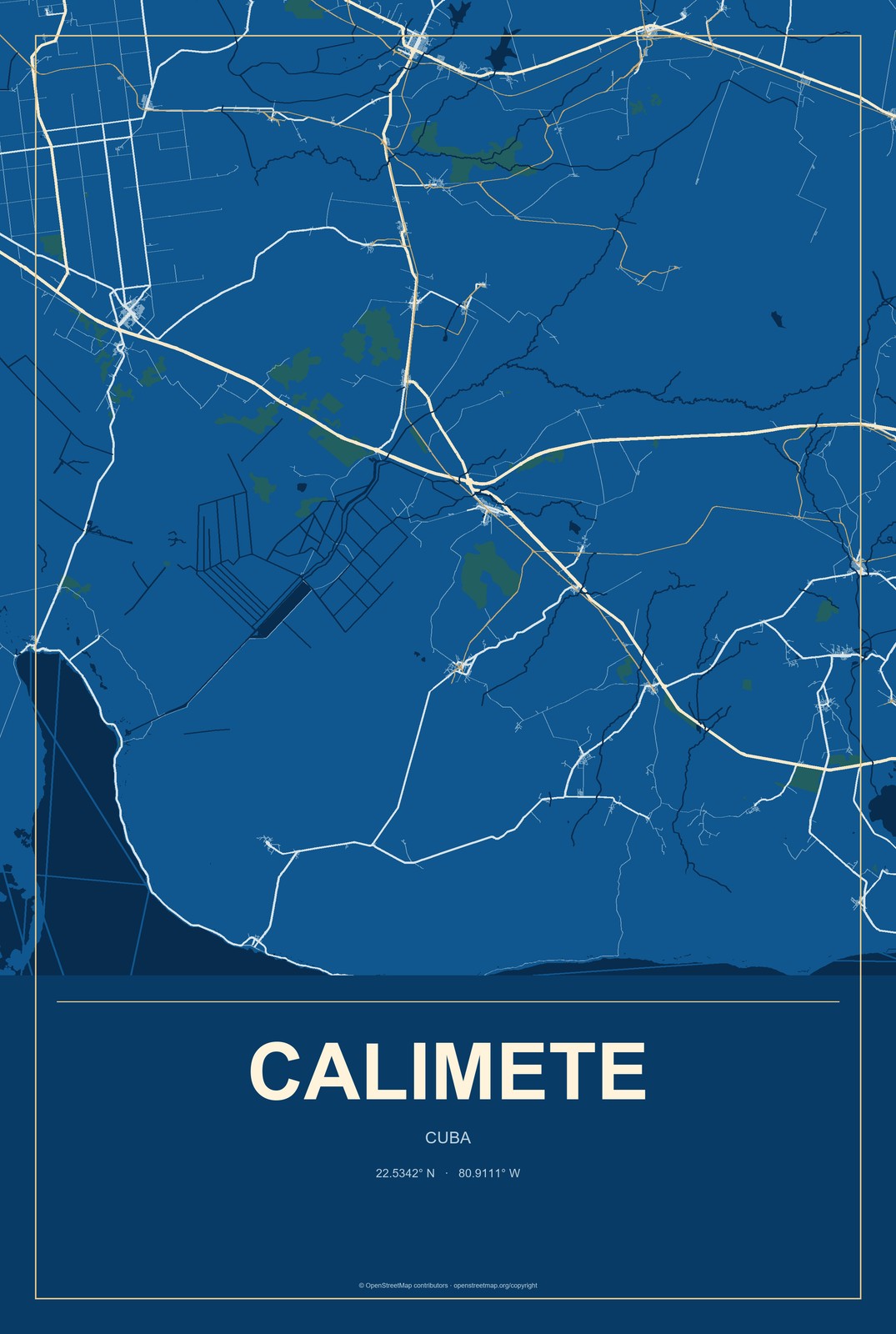 Calimete, Cuba City Map Aluminum Sign in Harbor Cobalt style