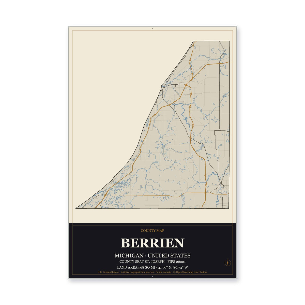 Berrien County, Michigan Map Aluminum Sign in Museum Plaque style