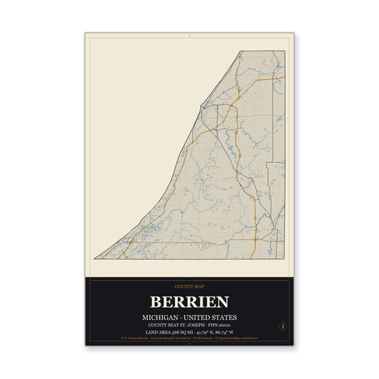 Berrien County, Michigan Map Aluminum Sign in Museum Plaque style
