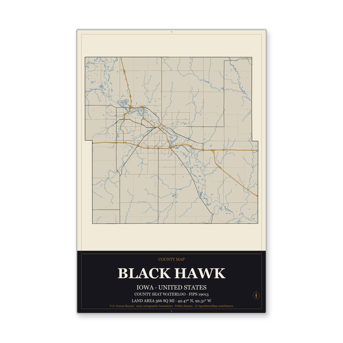 Black Hawk County, Iowa Map Aluminum Sign in Museum Plaque style
