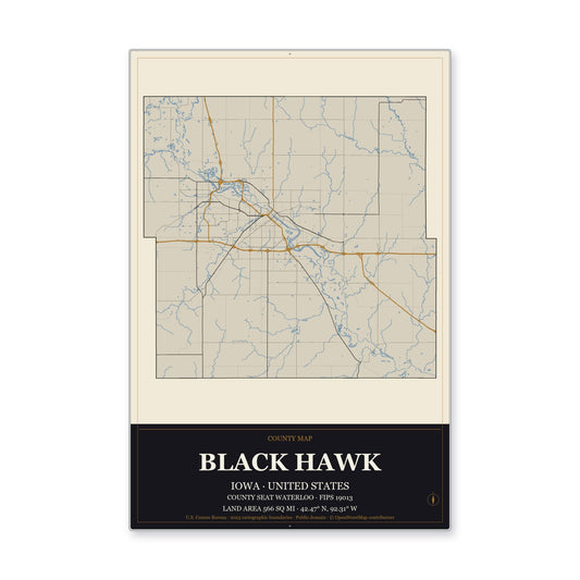 Black Hawk County, Iowa Map Aluminum Sign in Museum Plaque style