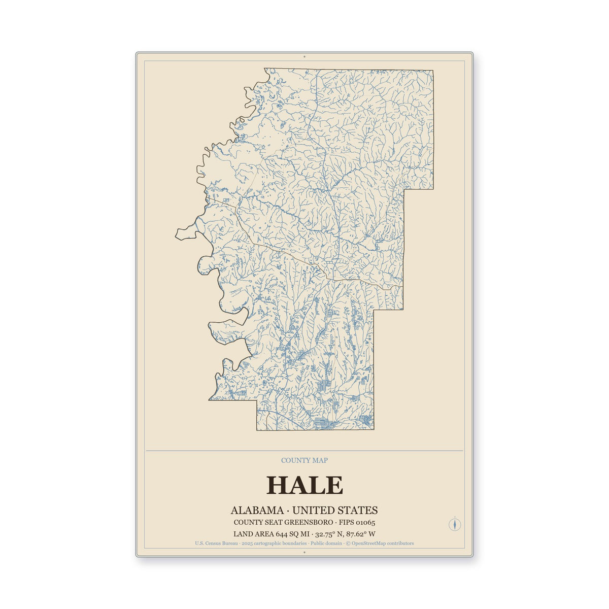 Hale County, Alabama Map Aluminum Sign in Heritage Nautical style