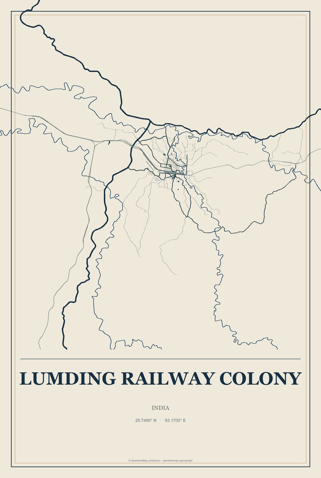 Lumding Railway Colony, India City Map Aluminum Sign in Coastal Cutout style