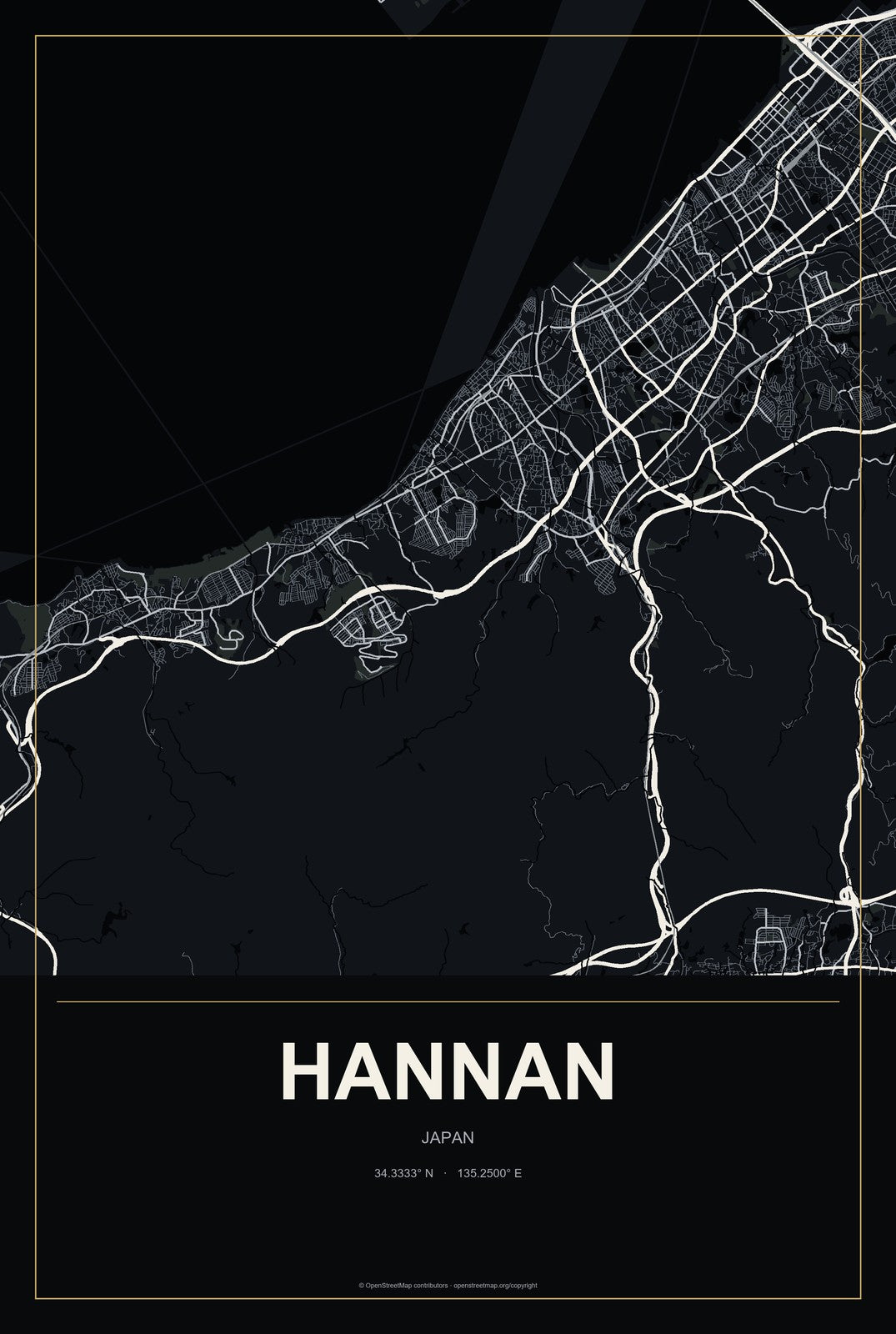 Hannan, Japan City Map Aluminum Sign in Metropolitan Noir style