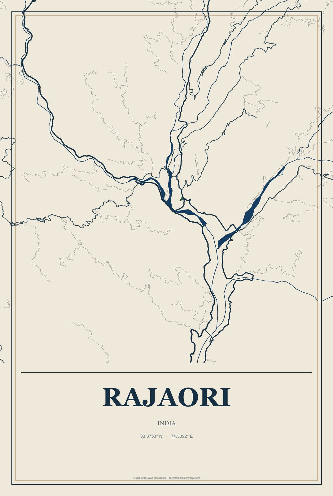 Rajaori, India City Map Aluminum Sign in Coastal Cutout style