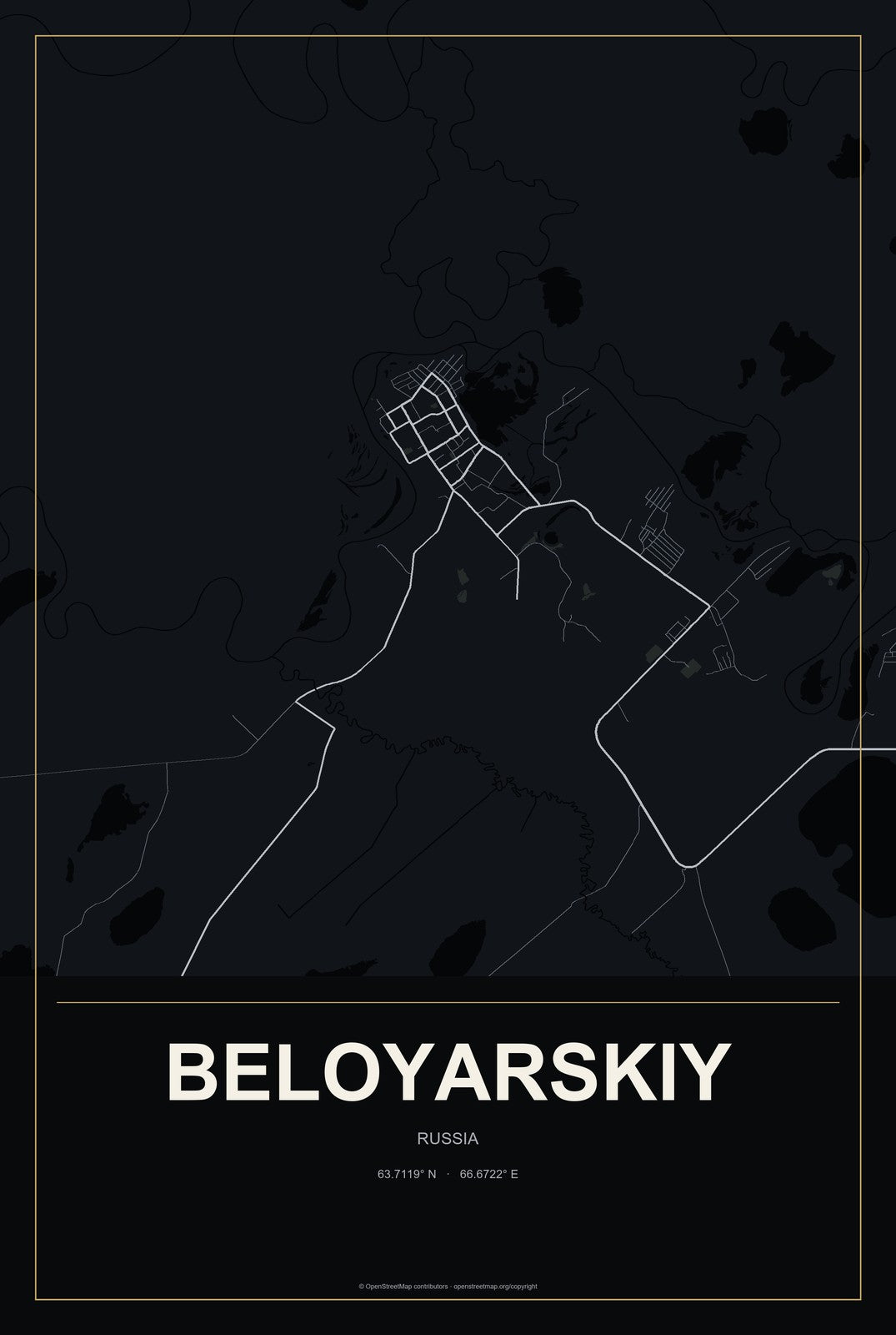 Beloyarskiy, Sverdlovsk Oblast, Russia City Map Aluminum Sign in Metropolitan Noir style