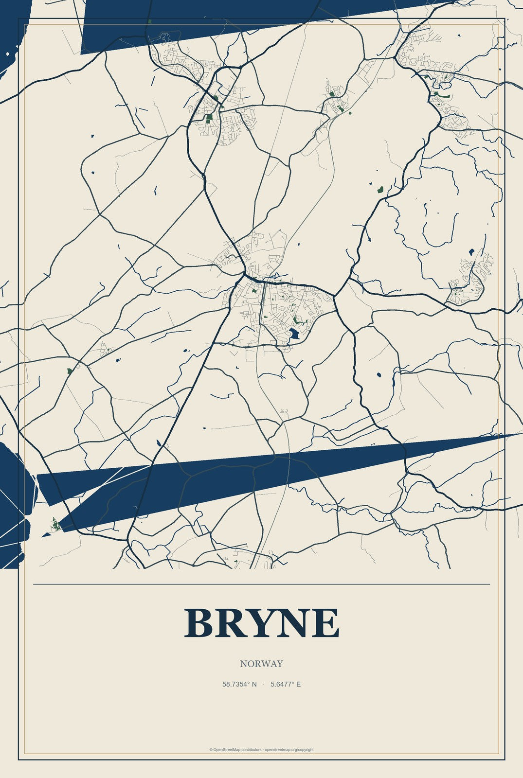 Bryne, Norway City Map Aluminum Sign in Coastal Cutout style