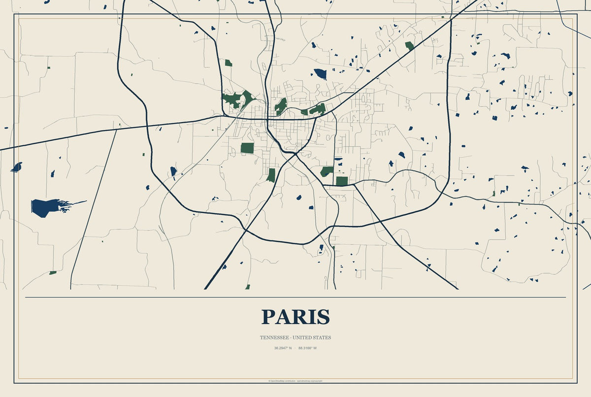 Paris, Tennessee City Map Aluminum Sign in Coastal Cutout style