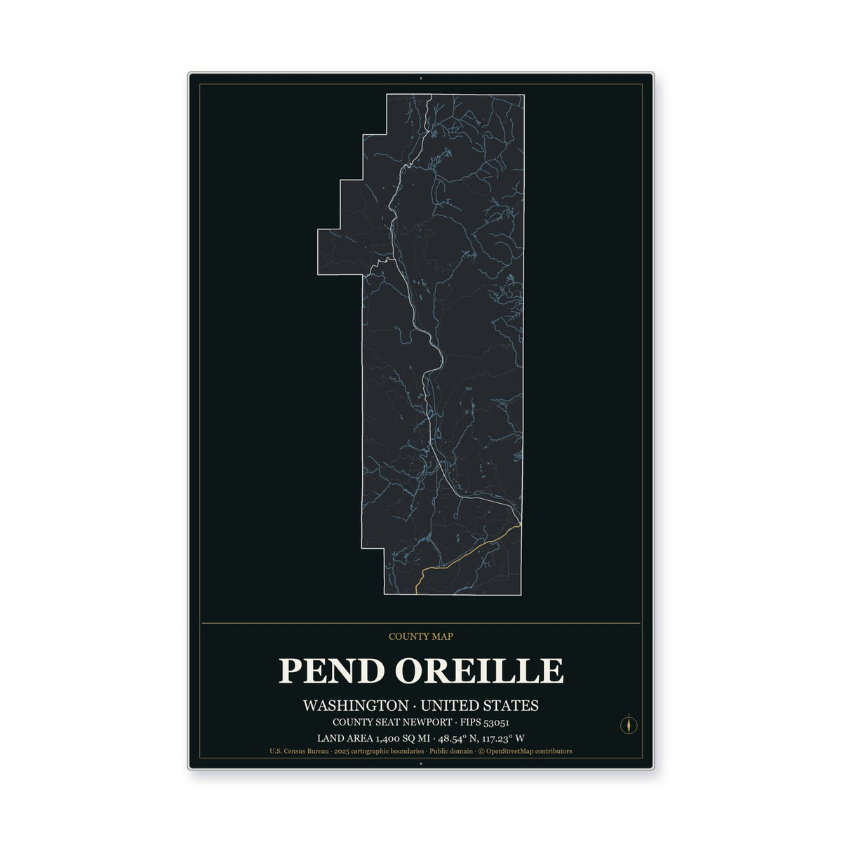 Pend Oreille County, Washington Map Aluminum Sign in Metropolitan Noir style