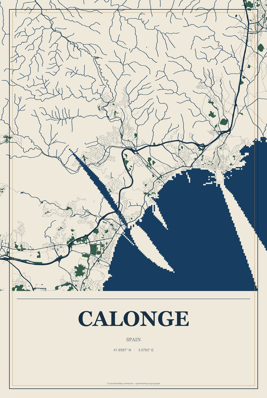 Calonge, Spain City Map Aluminum Sign in Coastal Cutout style