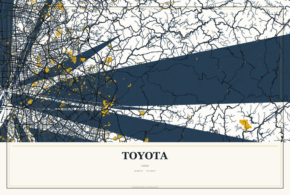 Toyota, Aomori, Japan City Map Aluminum Sign in Citrine Modern style