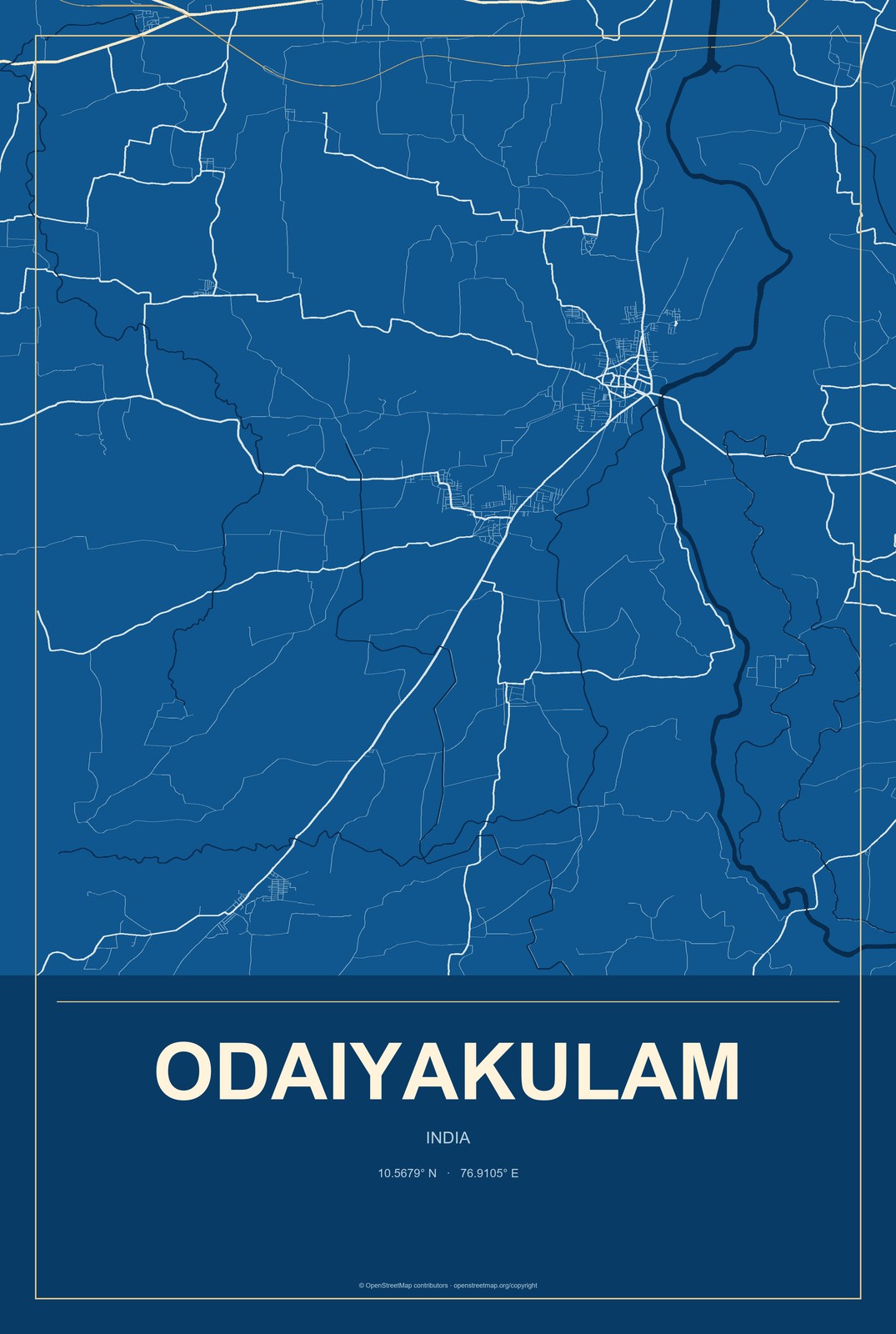 Odaiyakulam, India City Map Aluminum Sign in Harbor Cobalt style
