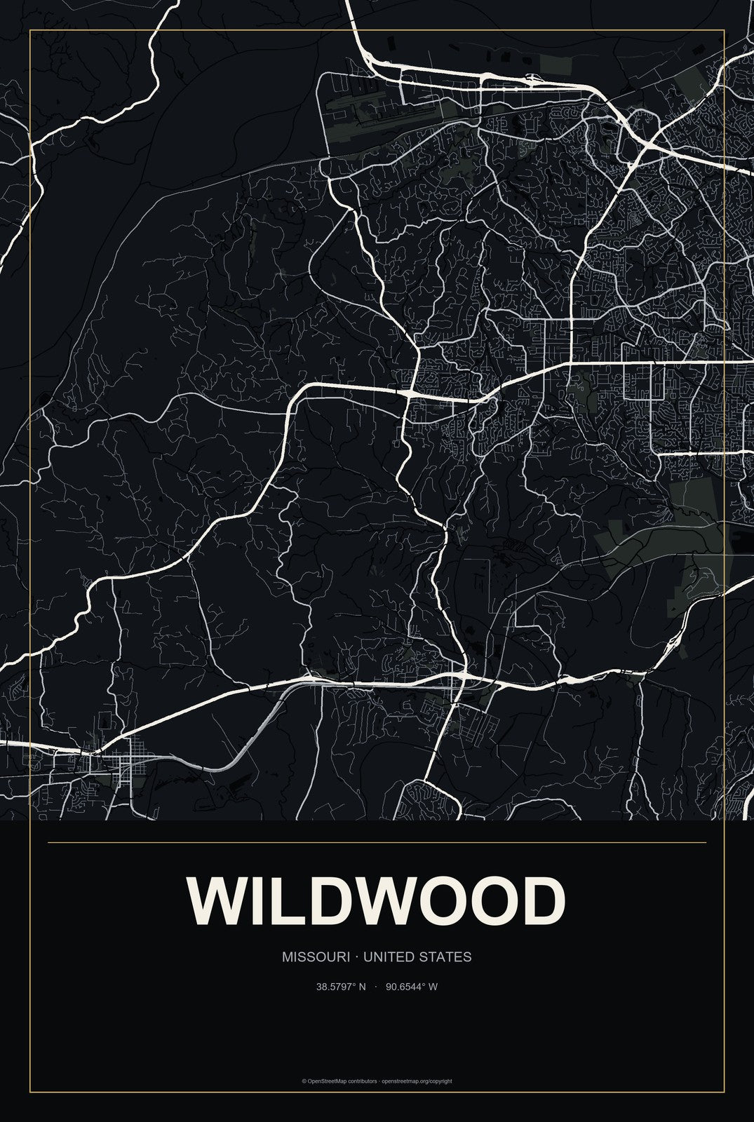 Wildwood, Missouri City Map Aluminum Sign in Metropolitan Noir style