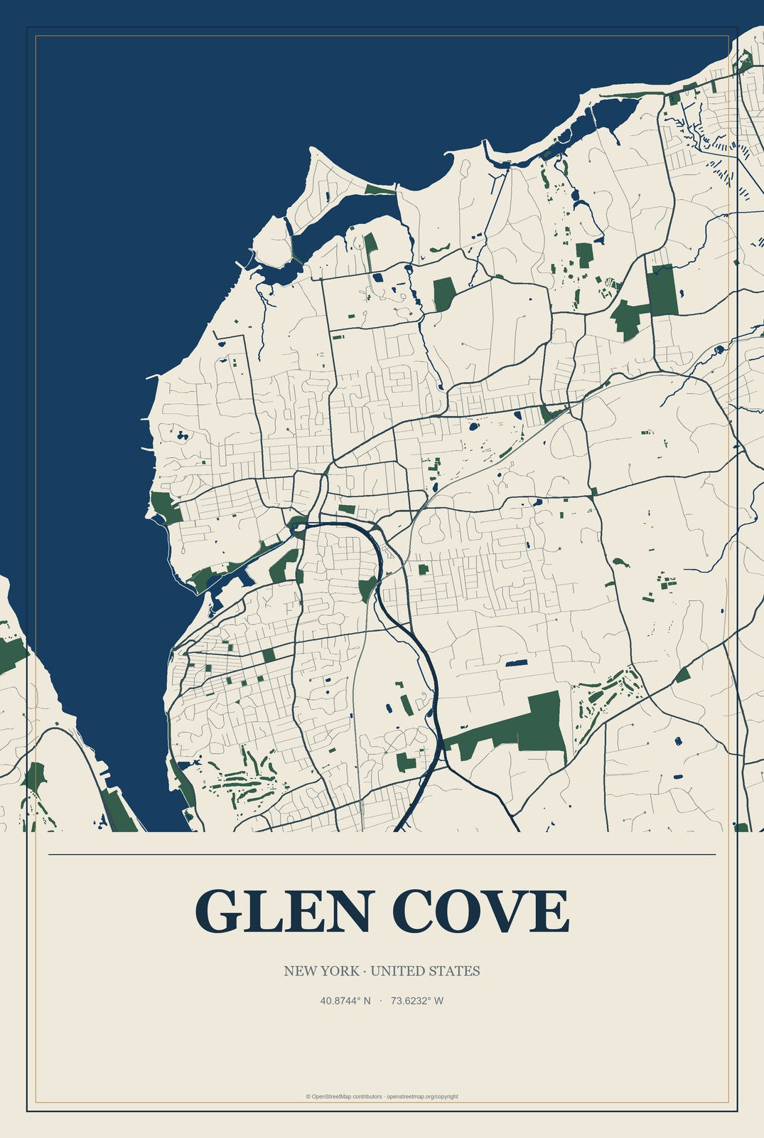 Glen Cove, New York City Map Aluminum Sign in Coastal Cutout style