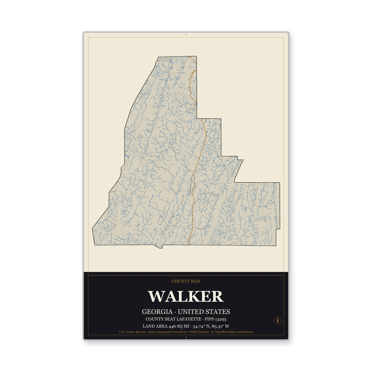 Walker County, Georgia Map Aluminum Sign in Museum Plaque style