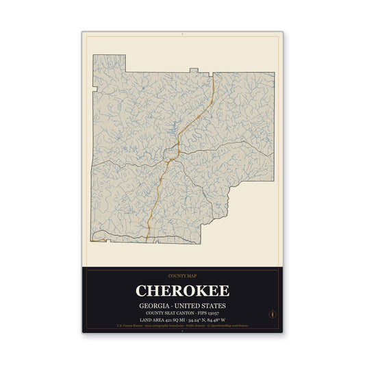 Cherokee County, Georgia Map Aluminum Sign in Museum Plaque style