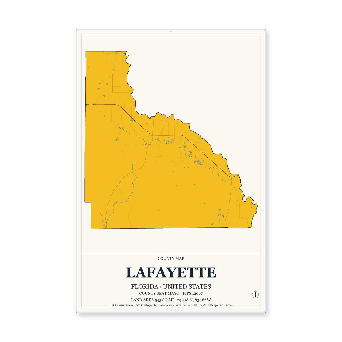 Lafayette County, Florida Map Aluminum Sign in Citrine Modern style