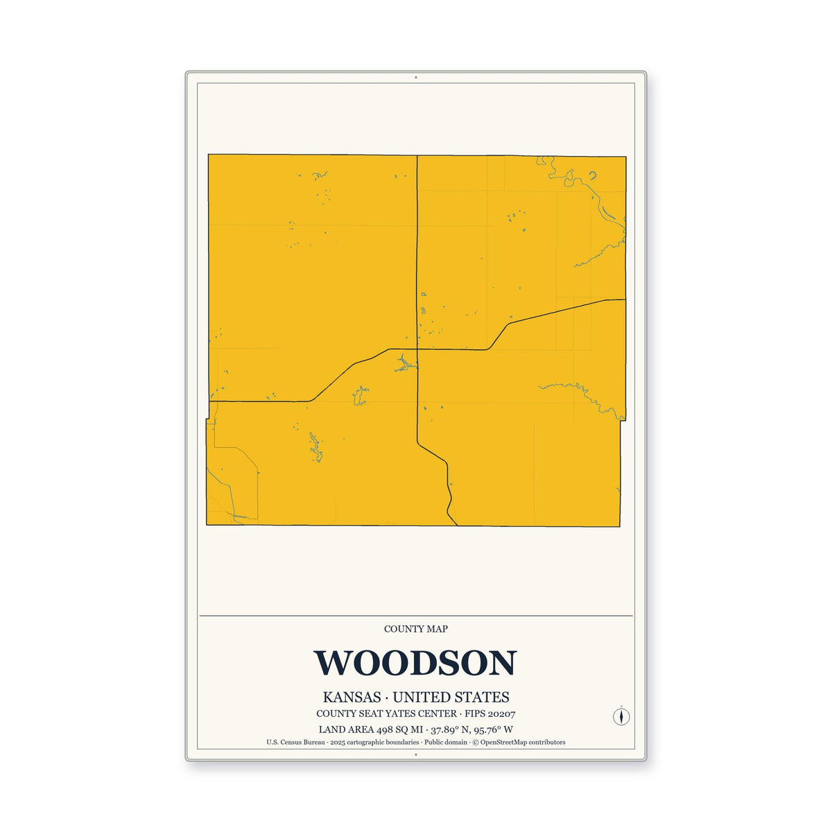 Woodson County, Kansas Map Aluminum Sign in Citrine Modern style