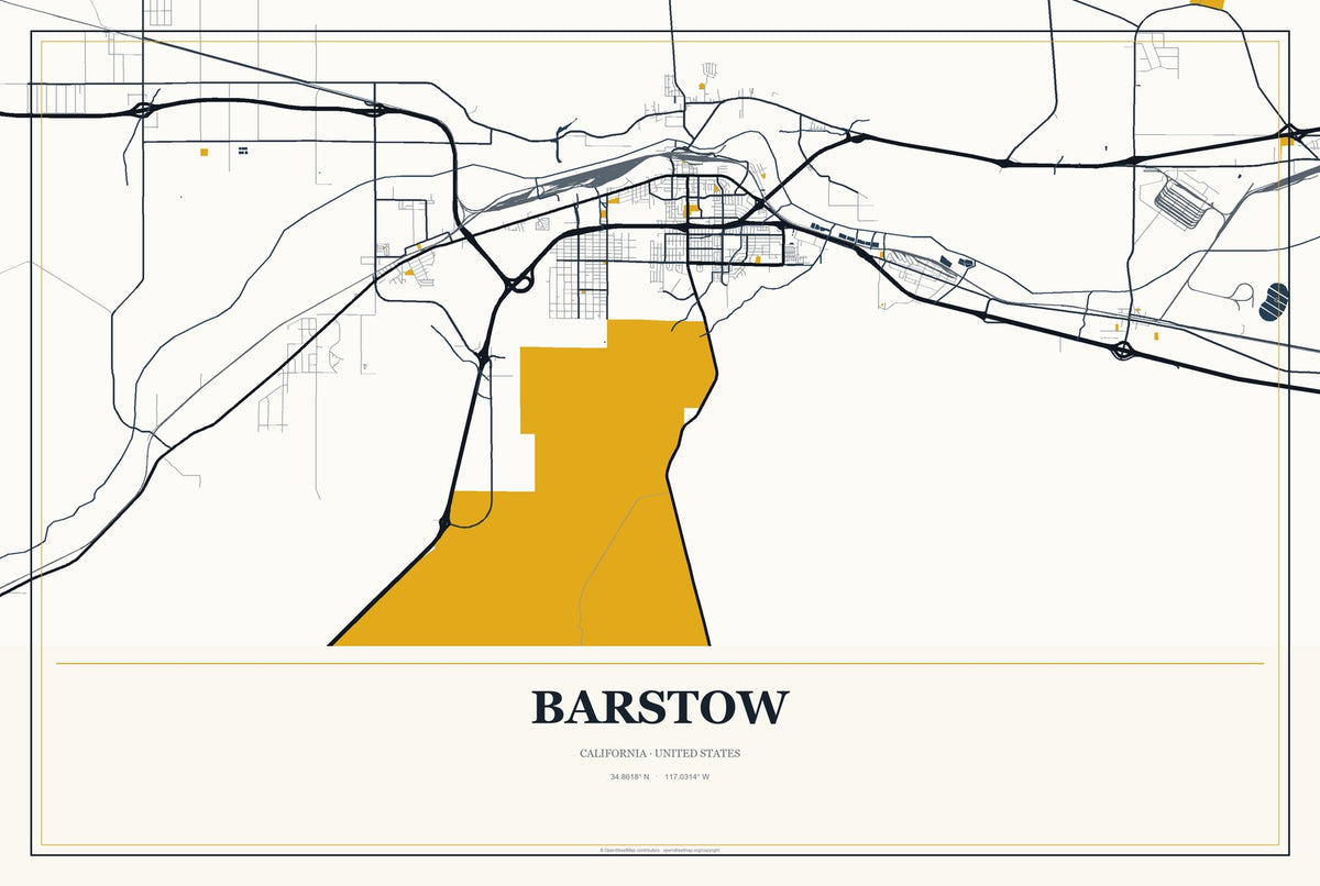 Barstow, California City Map Aluminum Sign in Citrine Modern style