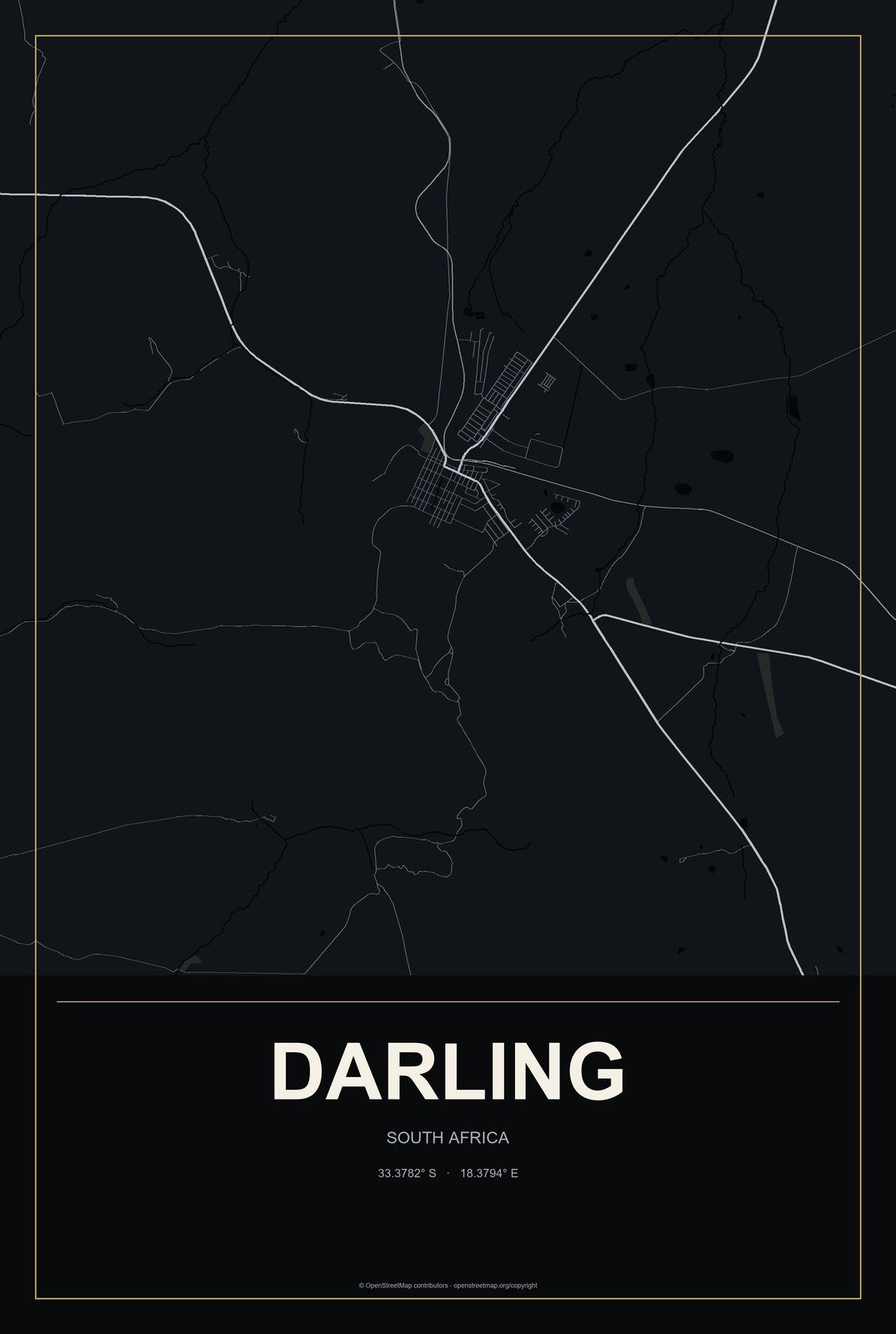 Darling, South Africa City Map Aluminum Sign in Metropolitan Noir style