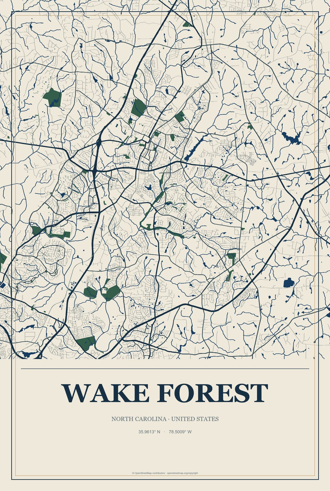 Wake Forest, North Carolina City Map Aluminum Sign in Coastal Cutout style