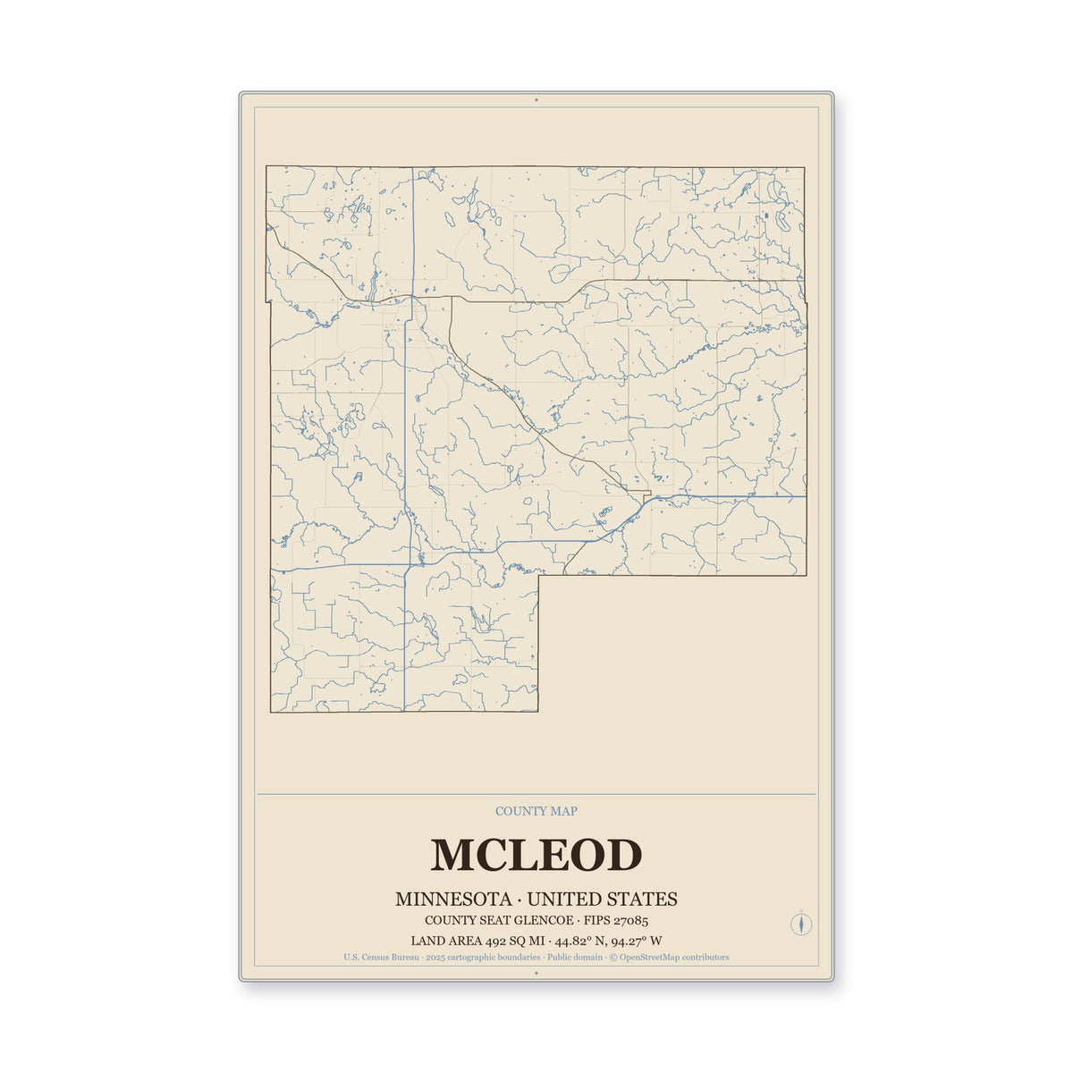McLeod County, Minnesota Map Aluminum Sign in Heritage Nautical style