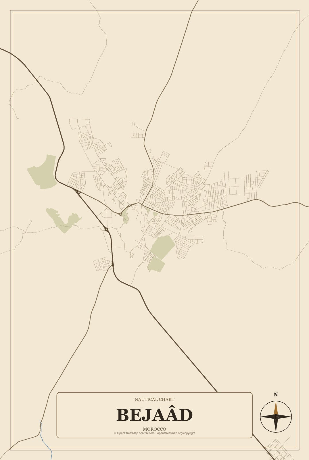 Bejaâd, Morocco City Map Aluminum Sign in Heritage Nautical style
