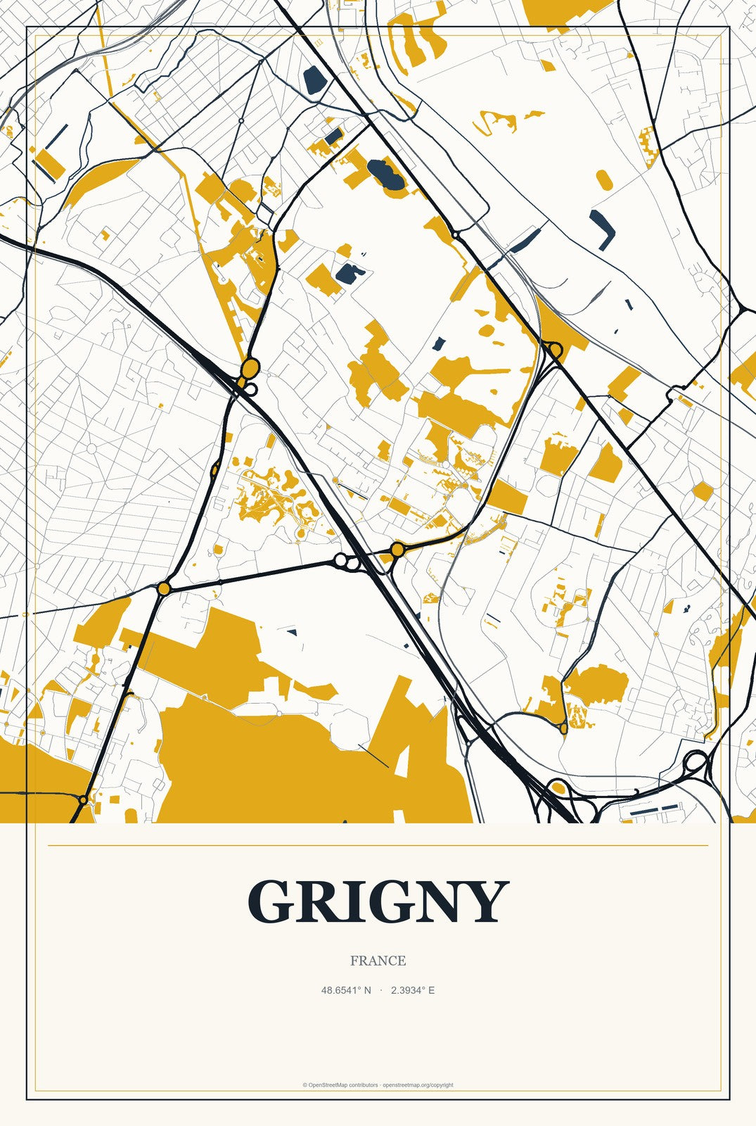 Grigny, France City Map Aluminum Sign in Citrine Modern style