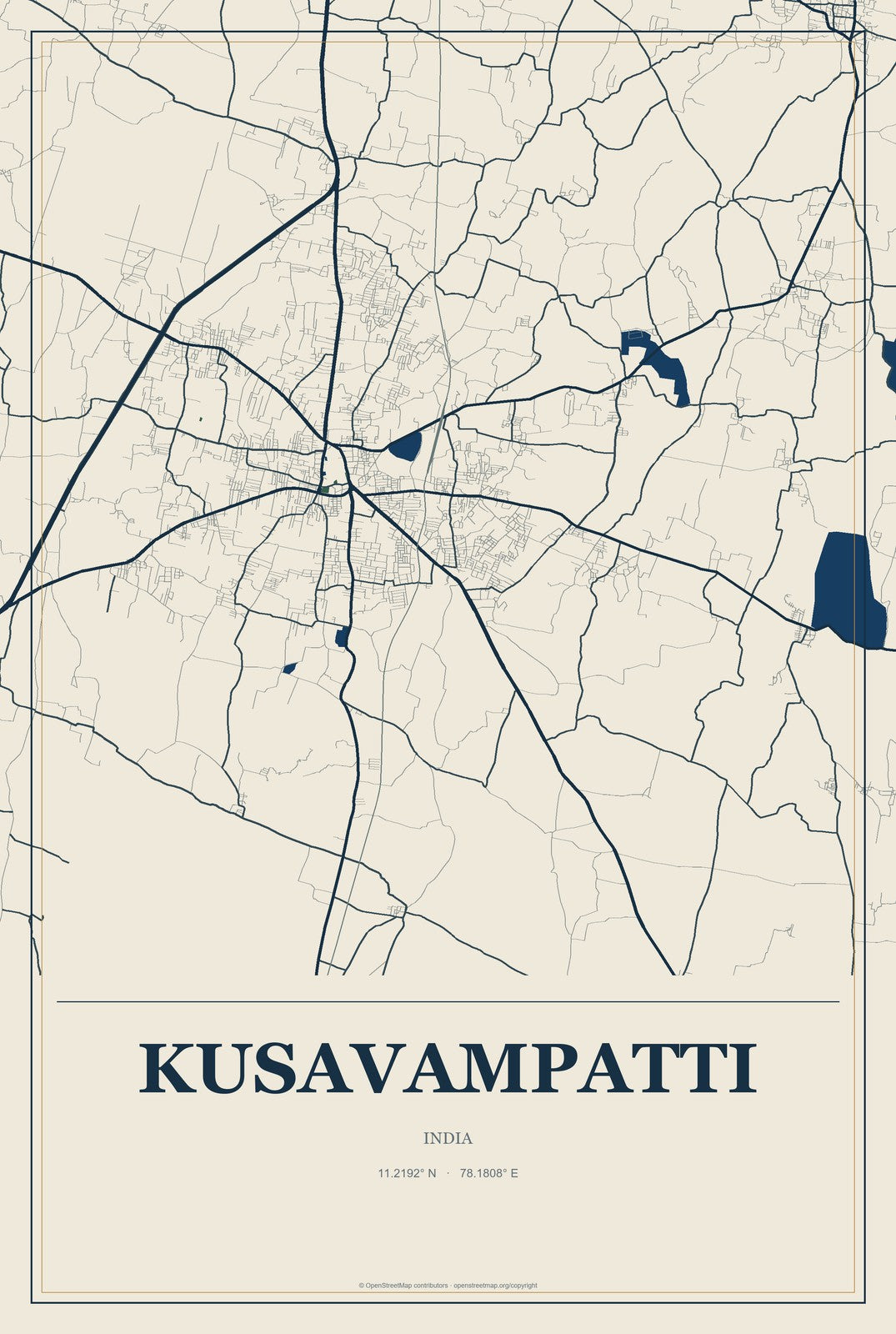 Kusavampatti, India City Map Aluminum Sign in Coastal Cutout style