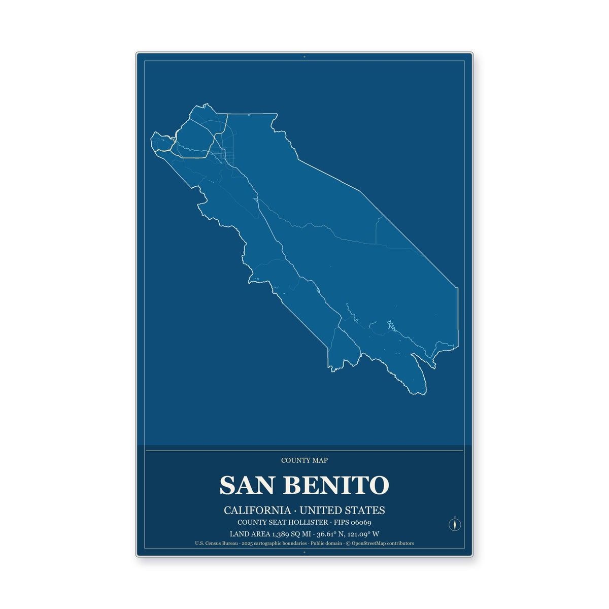 San Benito County, California Map Aluminum Sign in Harbor Cobalt style