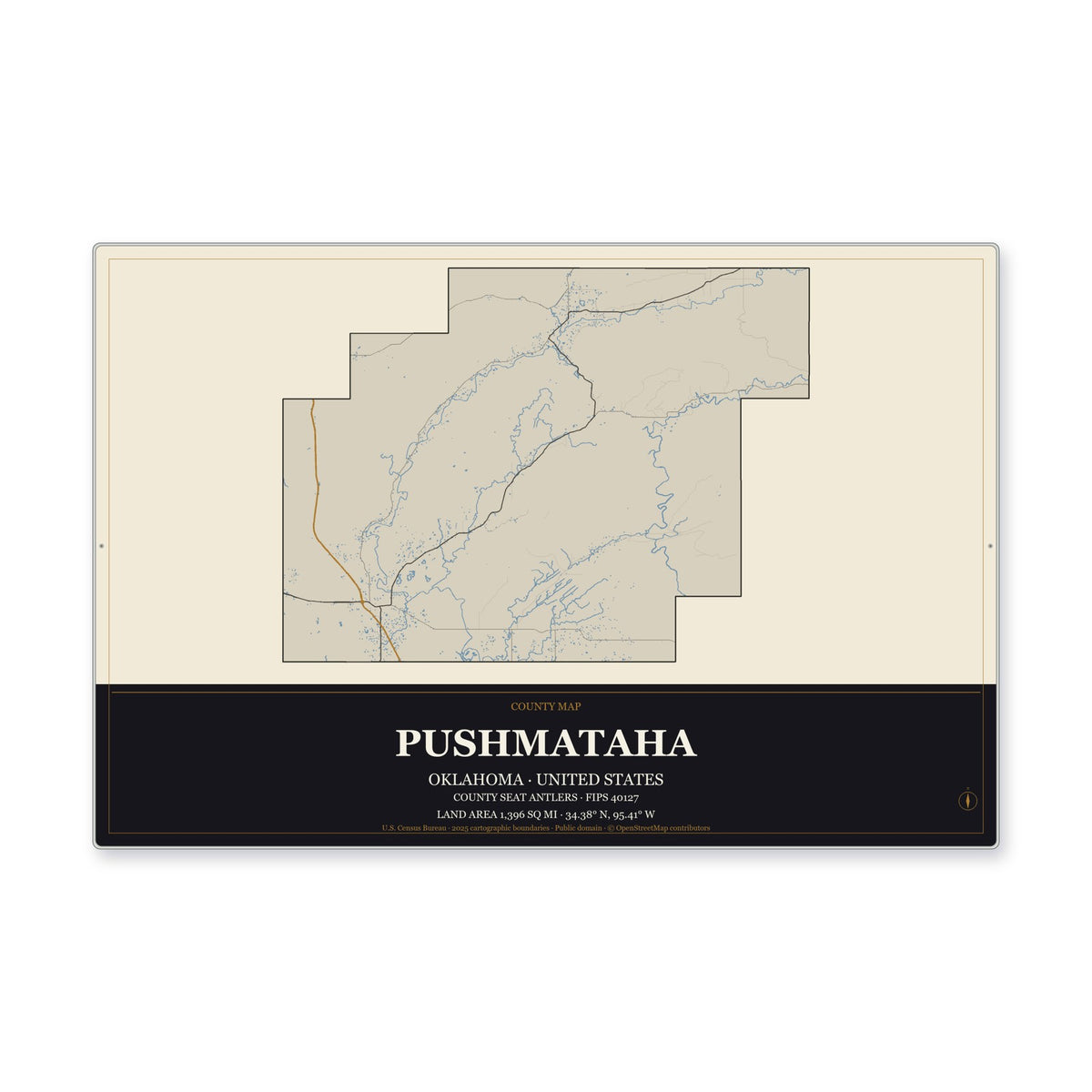 Pushmataha County, Oklahoma Map Aluminum Sign in Museum Plaque style