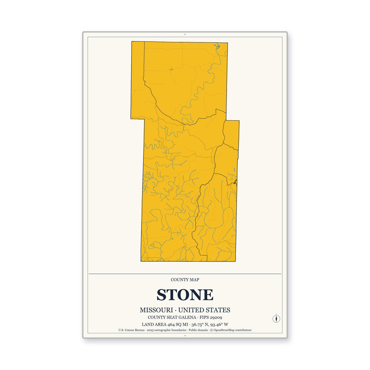 Stone County, Missouri Map Aluminum Sign in Citrine Modern style