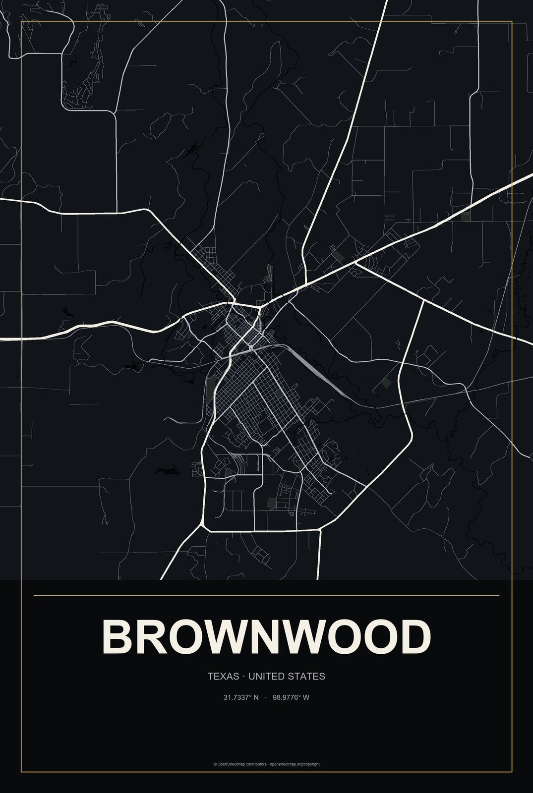 Brownwood, Texas City Map Aluminum Sign in Metropolitan Noir style