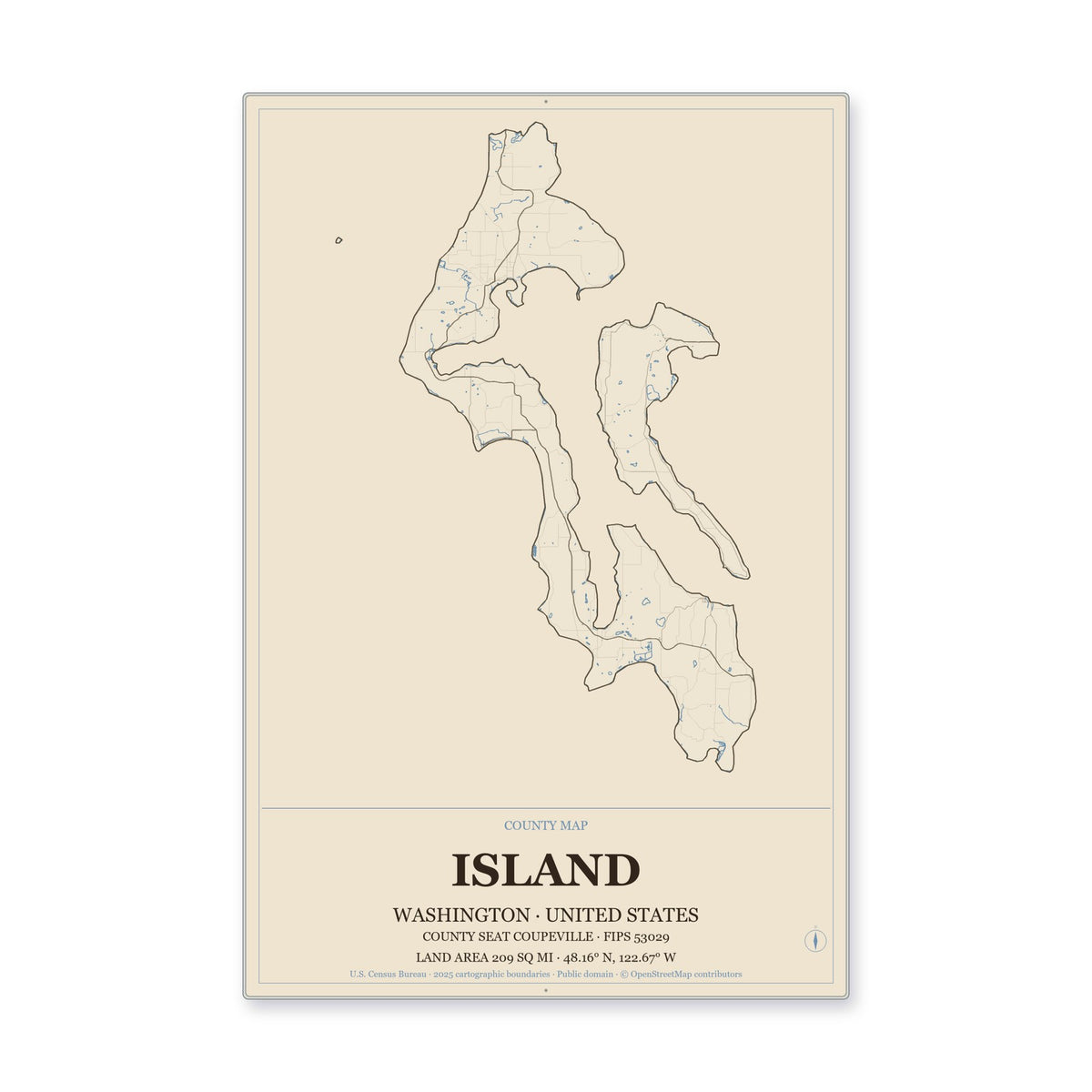 Island County, Washington Map Aluminum Sign in Heritage Nautical style