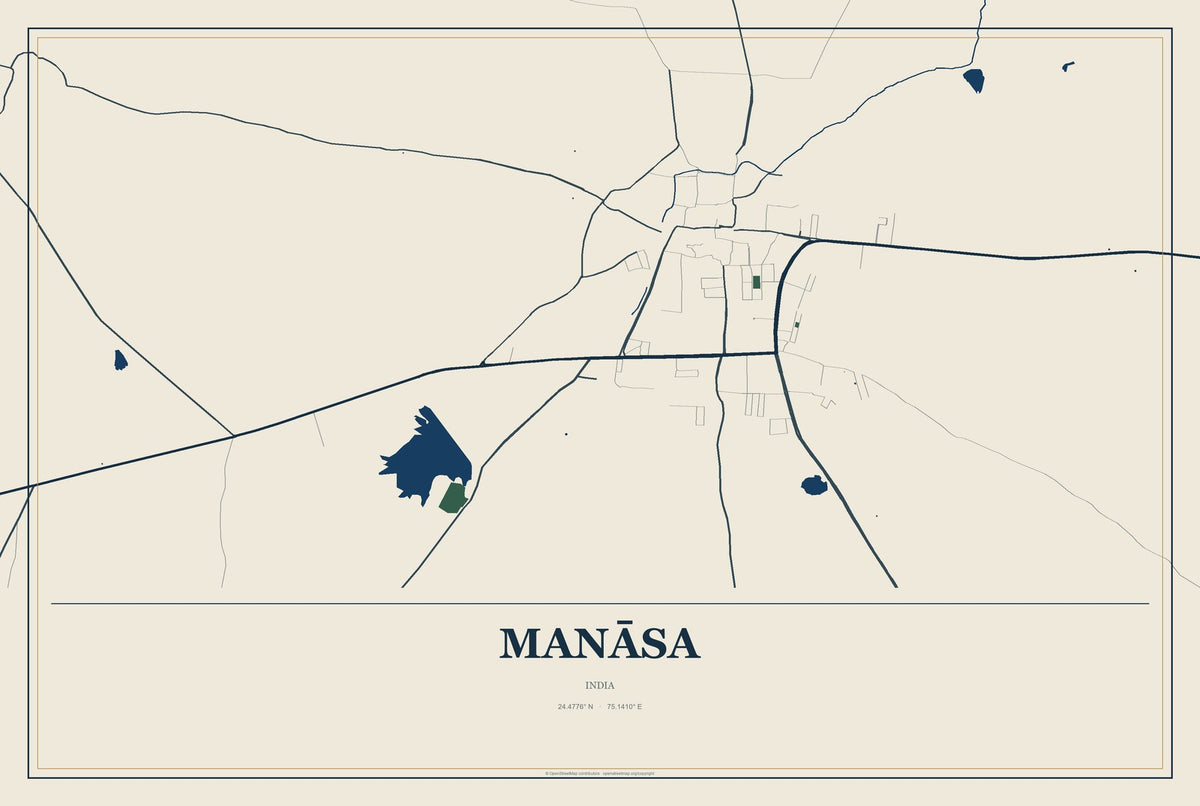 Manāsa, India City Map Aluminum Sign in Coastal Cutout style