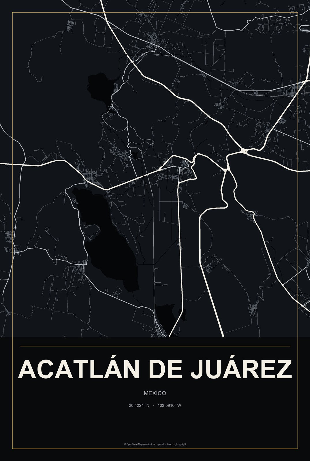 Acatlán de Juárez, Mexico City Map Aluminum Sign in Metropolitan Noir style